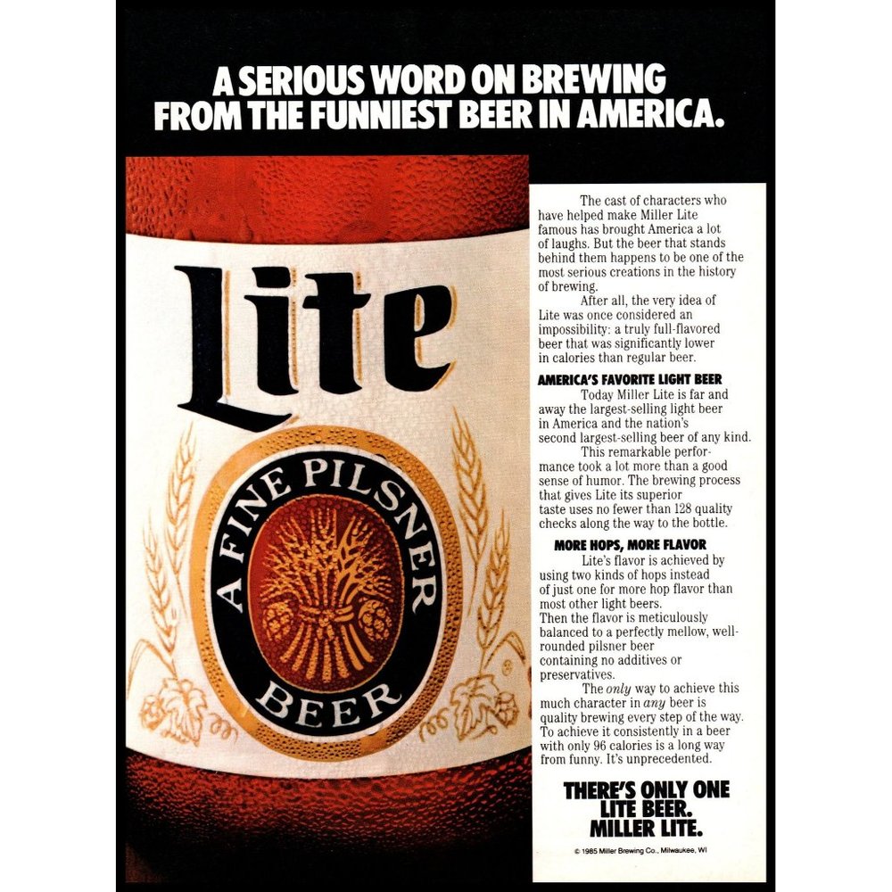 1986 Miller Lite Beer Vintage Print Ad Brown Bottle Closeup up Label Wall Art